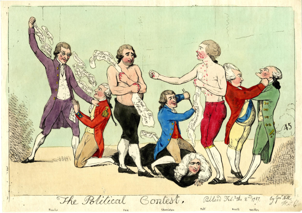 Politischer Cartoon mit dem Titel "Der politische Wettbewerb", der Personen in bunten Kleidern zeigt, wobei eine Person in der Mitte liegt.