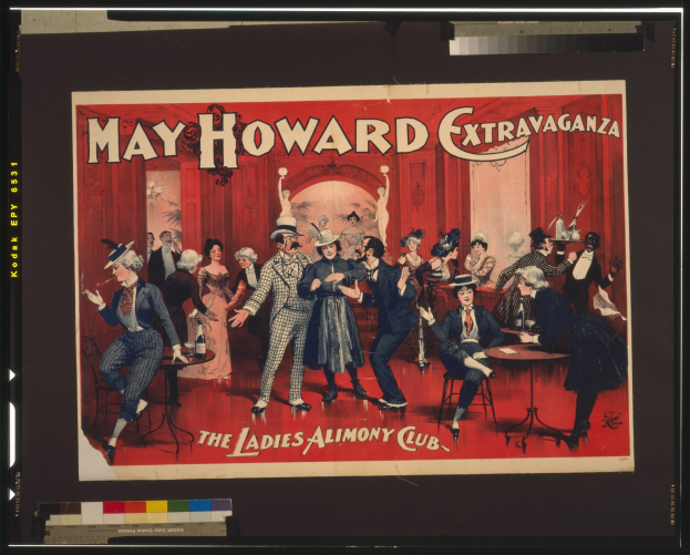 Plakat für die May Howard Extravaganza im Ladies Alimony Club, das eine Gruppe von Menschen an Tischen zeigt.