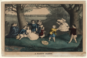 Gruppe von Kindern, die in einem Park mit Bäumen, Pflanzen und Gras spielen, einige sitzen und andere stehen, mit dem Text "Eine fröhliche Party" unten.