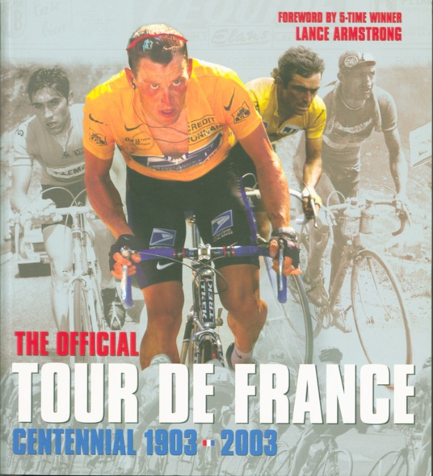 Offizielles Tour-de-France-Jubiläumsplakat (1903–2003) mit einer Gruppe von Radfahrern auf Fahrrädern mit Text, der Einzelheiten des Ereignisses angibt.