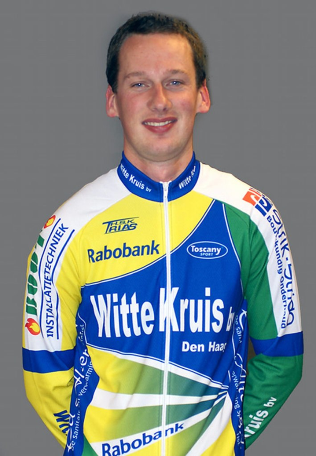 Ein männlicher Sportler posiert für ein Foto und trägt ein Shirt mit mehreren Sponsoren-Logos.