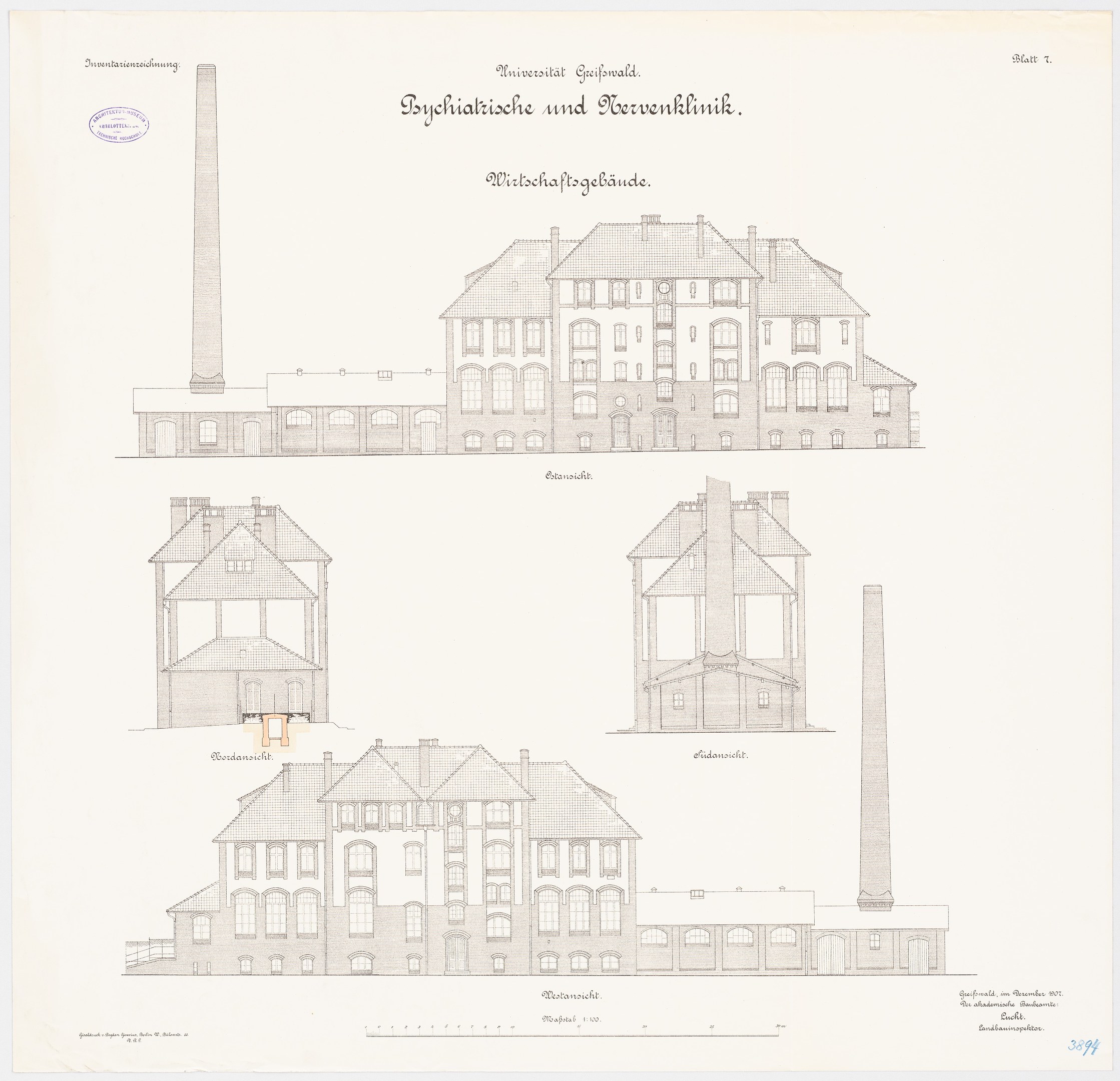 Eine Zeichnung eines mehrstöckigen Gebäudes mit zahlreichen Fenstern und einem Schornstein, das als psychiatrische Klinik in Deutschland identifiziert wurde, begleitet von handgeschriebenem Text auf demselben Papier.