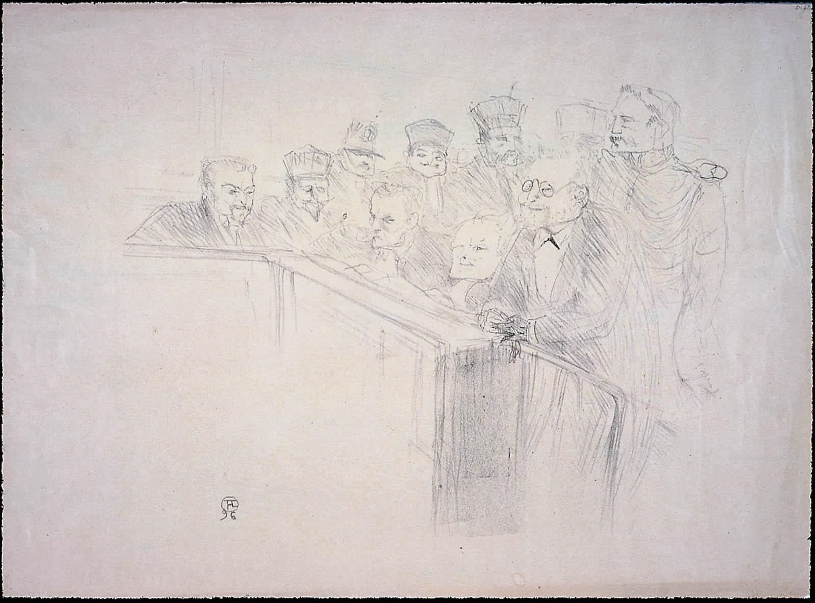 Schwarz-weiß-Zeichnung eines Gerichtssaals mit einer Gruppe von Menschen, die an einem unordentlichen Tisch sitzen, einige sehen ernst oder besorgt aus.