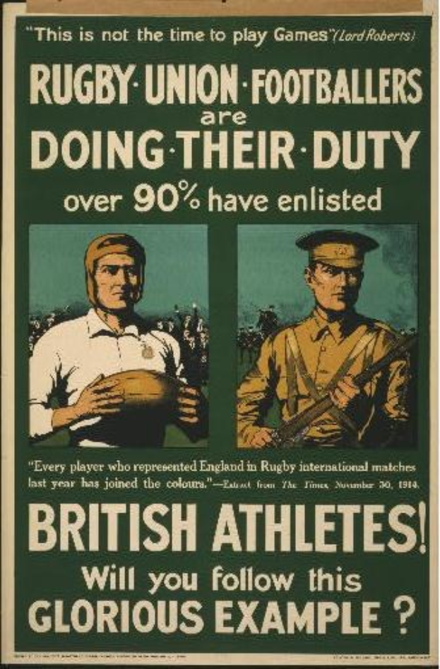Britische Rugby-Union-Spieler in einem Plakat, das die Einberufung von Athleten bewirbt, mit Text, der weitere Informationen enthält.
