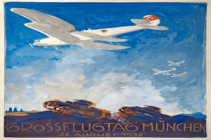 Ein Plakat, das ein Flugzeug zeigt, das durch den Himmel fliegt, mit anderen Flugzeugen im Hintergrund, Text unten lautet "Grossflugtag München - 25. August 1935".