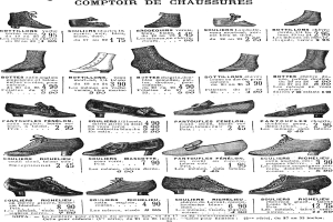 Eine Buchseite mit verschiedenen Frauenschuhen in einzigartigen Designs, Preisetiketten und Informationen zur Größe, Form und Farbe, die ordentlich angeordnet sind.
