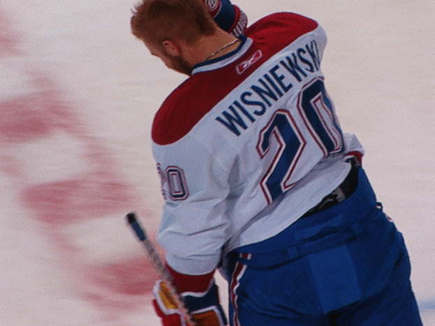 Professional hockey player wearing a "Wisniewski" jersey, holding a hockey stick on ice, with a focused expression.