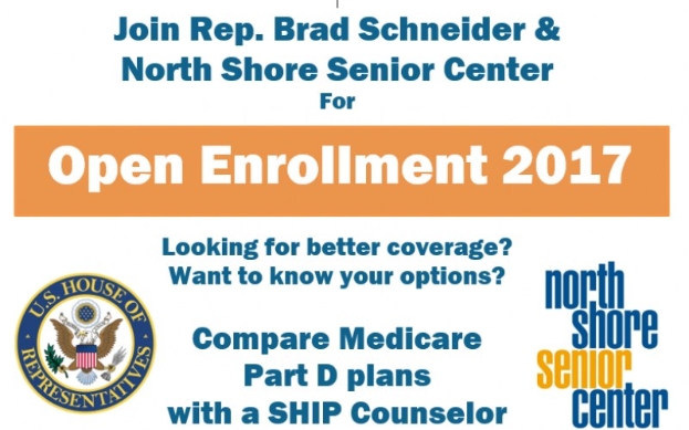 Plakat mit Text, der zur Teilnahme an Rep. Brad Schneider und North Shore Senior Center für die Open Enrollment 2017 einlädt, und einem Logo.