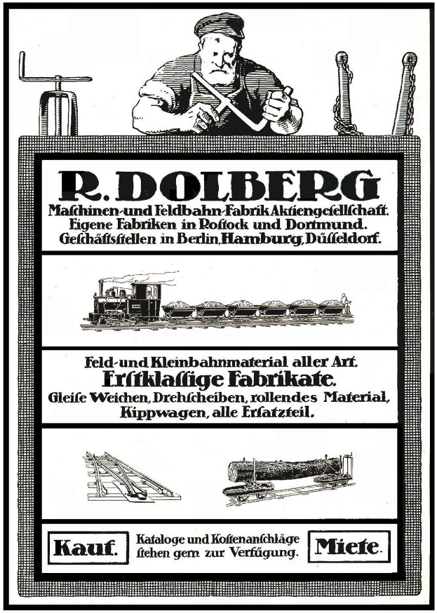 Anzeige für R.D. Dolbergs Fabrik in Hamburg, Deutschland, mit einem Plakat mit Text und Bildern einer Person, eines Zuges und weiterer Gegenstände.