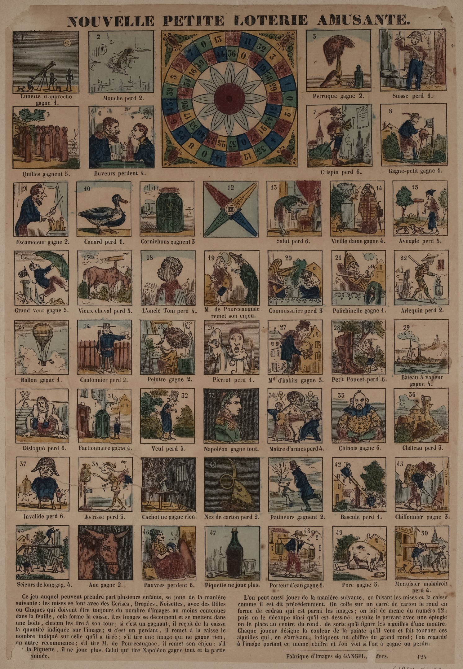 Ein altes Buch mit einer Abbildung eines Glücksrades umgeben von Text.