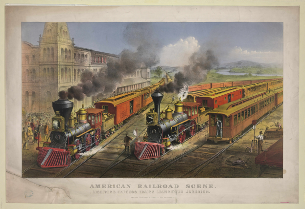 Amerikanische Eisenbahnszene mit einem Zug auf den Schienen, umgeben von Menschen, Gebäuden, Rauch, Höhen und Himmel, mit der Beschriftung "Lightning Express Trains Leaving the Junction" unten.