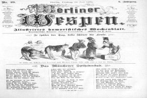 Eine alte Zeitung mit einer Karikatur eines Mannes mit Zylinder und einer Frau in einem Kleid, beide sehen besorgt aus, betitelt mit "Berliner Wespn, Juli 1873".