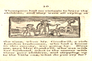 Eine handgezeichnete Abbildung auf Papier zeigt einen besorgten Mann, der zwei weinende Kinder hält, mit der Beschriftung "Thompson hatte keine Opfer, um die Kinder zu hinterlassen, und sie weinten alle zu dieser Zeit" darunter.