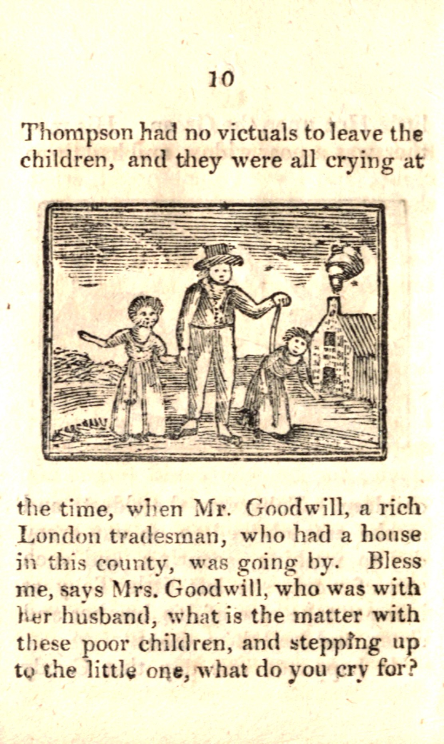 Eine handgezeichnete Abbildung auf Papier zeigt einen besorgten Mann, der zwei weinende Kinder hält, mit der Beschriftung "Thompson hatte keine Opfer, um die Kinder zu hinterlassen, und sie weinten alle zu dieser Zeit" darunter.