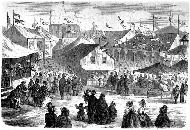 Eine Schwarz-Weiß-Zeichnung eines pulsierenden viktorianischen Karnevals in London, England, mit Zelten, Gebäuden, Fahnen, Polen und Text unten, der 'Victorian Carnival in London, England' lautet.