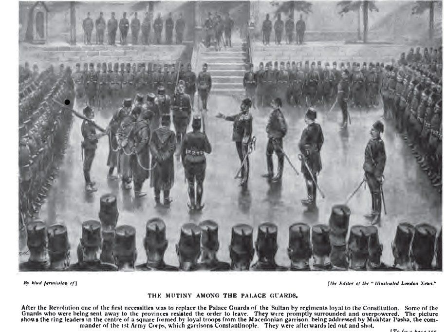 Eine Gruppe von Menschen mit Waffen steht vor einem Gebäude mit Treppen und Bäumen, mit dem Text "Der Aufstand unter den Palastwachen" unten.