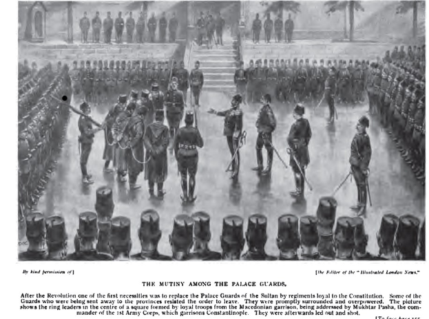 Eine Gruppe von Menschen mit Waffen steht vor einem Gebäude mit Treppen und Bäumen, mit dem Text "Der Aufstand unter den Palastwachen" unten.