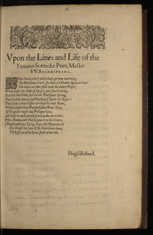 Offenes Buch mit dem Titel "Vpon den Linien und dem Leben des berühmten szenischen Dichters, Mater" auf einem dunklen Hintergrund.