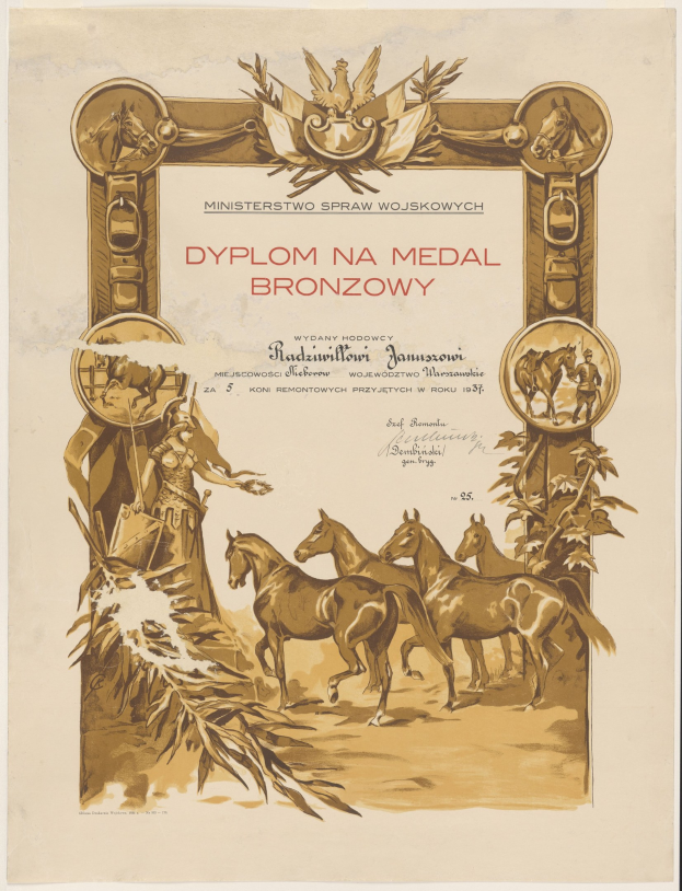 Ein Plakat mit einer Gruppe galoppierender Pferde auf einem Feld mit Sonnenuntergang als Hintergrund, das eine Medaillenzeremonie mit der Bezeichnung "Dyplom na Medal Bronzowy" ankündigt.
