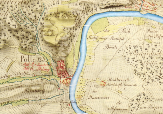 Detailiertes altes Stadtplan von Polle, Deutschland, mit einem Fluss, Straßen und Gebäuden markiert.