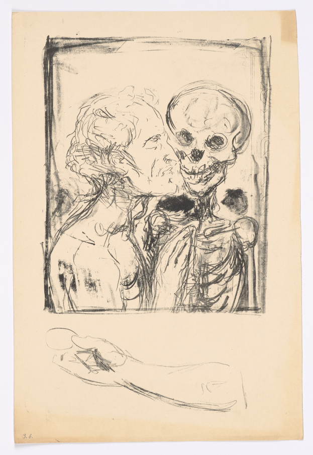 Eine Zeichnung eines Mannes und einer Frau, die sich umarmen und küssen, mit einem Schädel im Hintergrund; beide haben einen friedlichen Ausdruck.