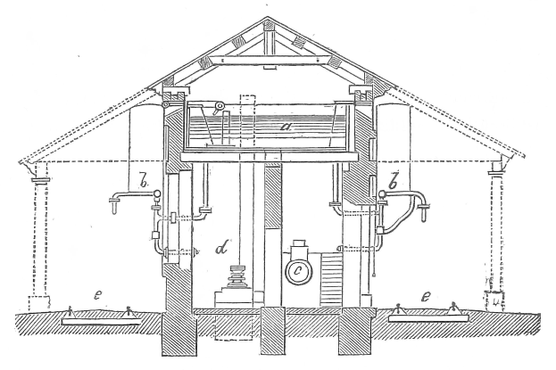 Ein detailliertes technisches Zeichnung eines zylindrischen Wasserheizungskessels mit Rohren und Ventilen, das in einer Hausstruktur mit umgebenden Wänden zentriert ist.