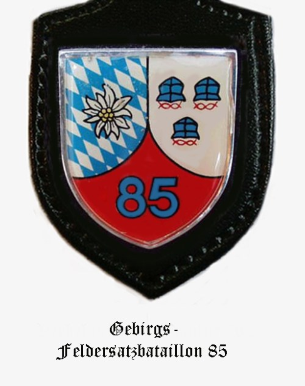 Ein Abzeichen mit der Nummer 85 und deutscher Schrift unten, das das Logo eines bayerischen Fußballteams darstellt.