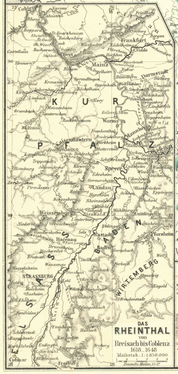 Alte Karte des Rheins in Deutschland, die Flüsse, Städte und geografische Merkmale zeigt mit Text oben und unten.