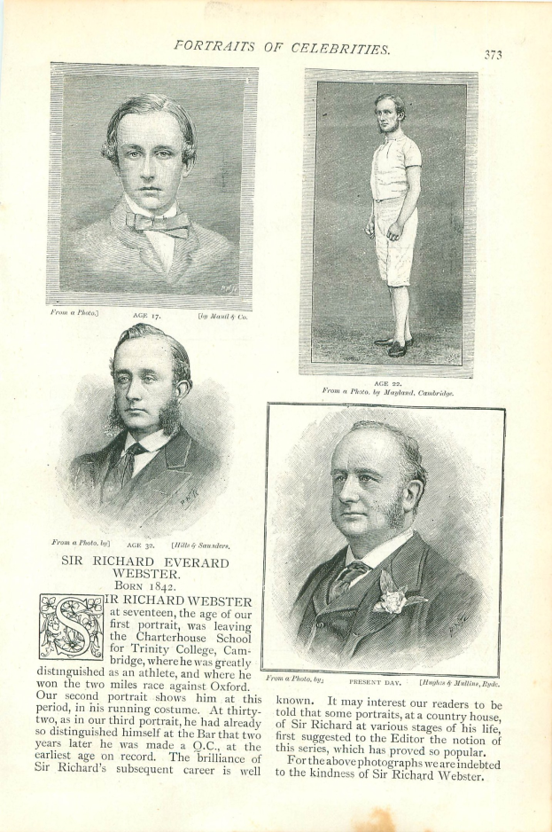 Ein antikes Buchseitenbild mit vier Schwarz-Weiß-Porträts von Männern in formeller Kleidung, wobei die zentrale Figur einen ernsten Ausdruck zeigt und sichtbarer Text auf der Seite.