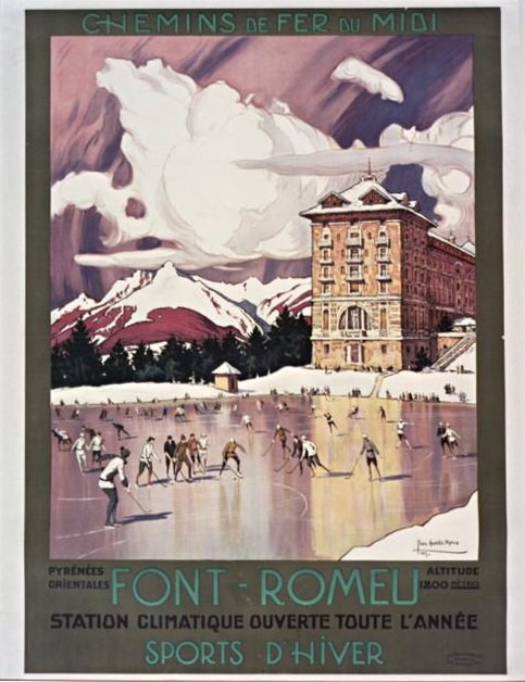 Plakatwerbung für ein Skigebiet in den französischen Alpen, das Menschen beim Eislaufen vor einem Gebäude mit Bäumen und Bergen im Hintergrund zeigt und Text enthält.