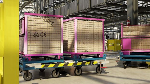 Großer Lagerraum mit zahlreichen Kisten auf Wagen, eine gelbe Säule links und ein Feuerlöscher rechts, mit Metallstangen und anderen Gegenständen im Hintergrund.