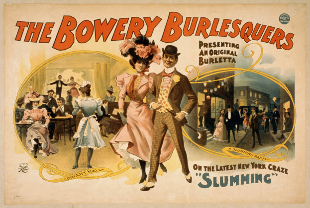 Plakat für "The Bowery Burlesquers" mit einer Gruppe, die vor Gebäuden tanzt, und einem Text, der das Ereignis beschreibt.