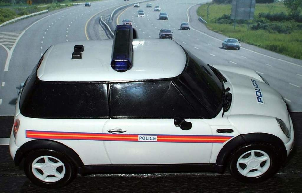 Weißer Polizeiwagen mit "Polizei"-Text an der Seite, gefolgt von mehreren Fahrzeugen auf einer Straße, die von Gras und Bäumen gesäumt ist.