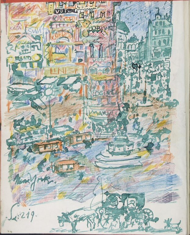 Buchumschlag mit detaillierter Illustration einer belebten Stadtlandschaft mit Gebäuden, Fahrzeugen, Menschen und einem Brunnen sowie Text.