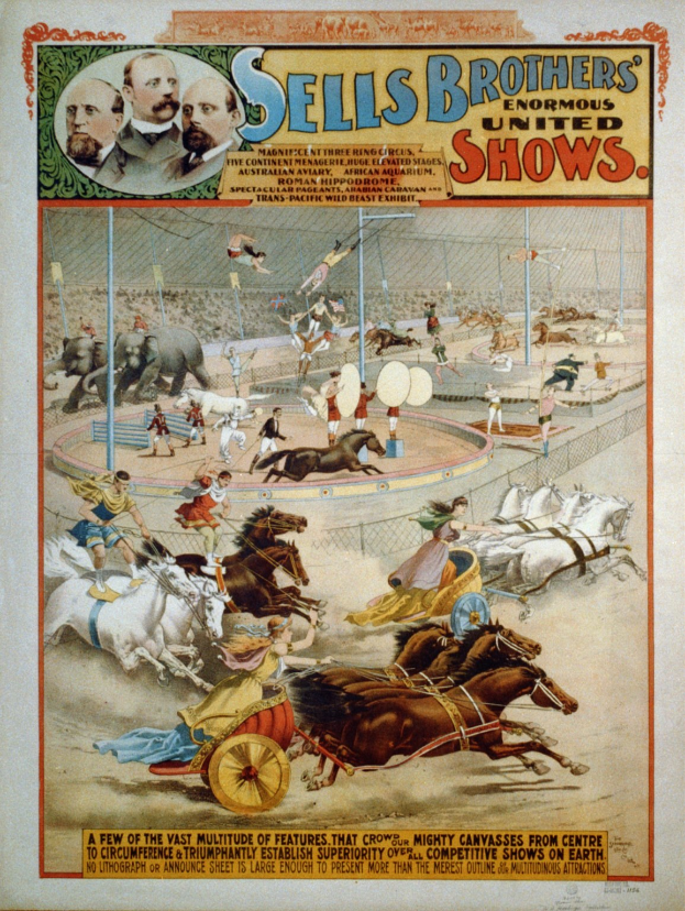 Plakat, das Sell's Brothers' Enormous United Shows ankündigt, zeigt eine Gruppe von Menschen, die auf Pferden in einem Zirkus reiten, mit Text, der das Ereignis beschreibt.