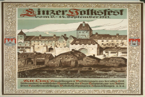 Altes deutsches Festplakat mit einer Burg- und Häuserillustration, begleitet von Text.