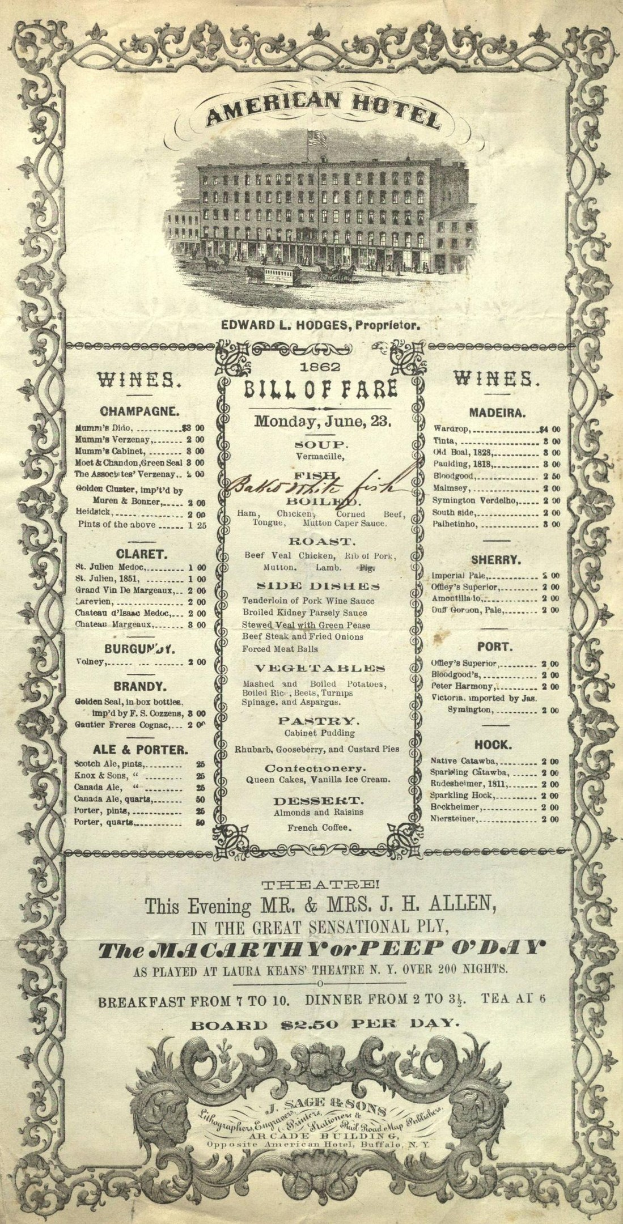 Altes Buch mit dem Titel "American Hotel Bill of Fare von 1862" mit einer Gebäudeillustration und ausführlichem Restaurantmenü-Text.
