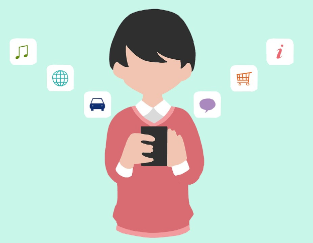 Animierter Mensch, der ein Smartphone hält, mit App-Icons, die das Nutzen von Online-Shopping-Apps andeuten.