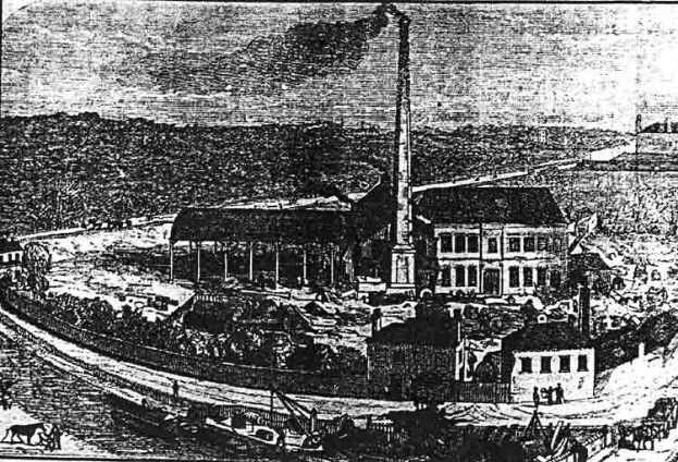 Schwarz-weiß-Zeichnung einer Fabrik in einem Feld mit Gebäuden, Bäumen und einem Pfahl im Vordergrund, beschriftet mit "The New York State Penitentiary" unten.