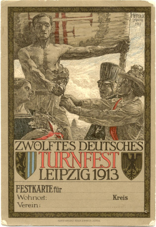 Plakat für das Zwölftes Deutsche Turnfest Leipzig 1913, mit einer zentralen Personengruppe und Texten mit Veranstaltungshinweisen.
