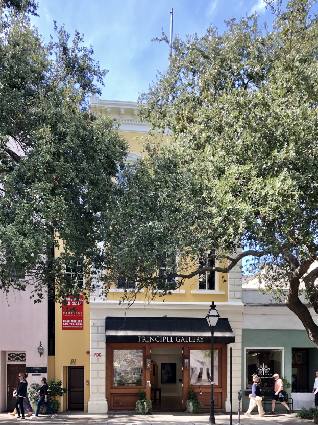 Menschen gehen auf einem Gehweg vor der Principle Gallery in Charleston, SC, mit Topfpflanzen, einer Straßenlaterne, einem Schild, einer Fahne, einem Fahnenmast und einem bewölkten Himmel.