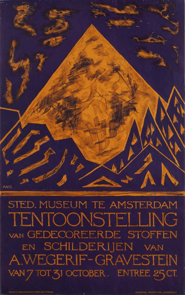 Ein Plakat in Amsterdam, das ein Museum ankündigt und ein Bild einer Ausstellung sowie Text mit Museums-Informationen zeigt.