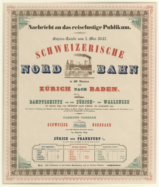 Plakat mit einem Zug mit der Aufschrift "Schweizerische Nordbahn in Baden, Deutschland", mittig auf einem hellgelben Hintergrund mit einem schwarz-weißen Karomuster und einem dekorativen Rahmen.
