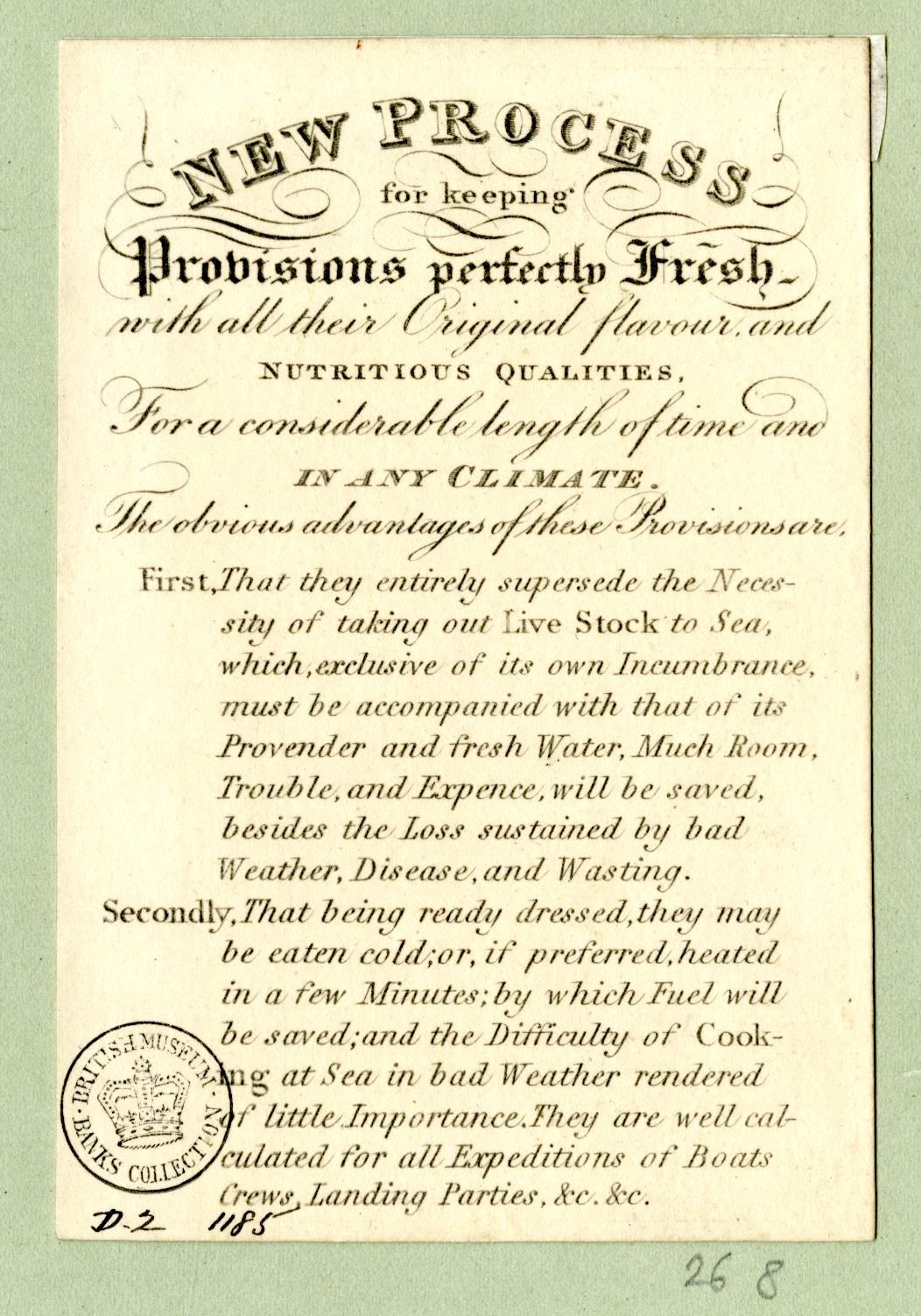 Papier mit gedrucktem Text, der "Neuer Prozess zum Erhalt von Probiotika in bester Frische" lautet, und einem Stempel auf der linken Seite.