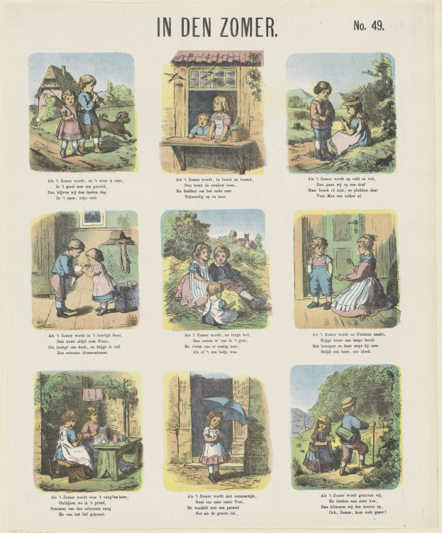 Ein Papier mit Bildern von Kindern in bunten Kleidern, die fröhlich in einem üppigen grünen Garten spielen, begleitet von spaßigem Text.