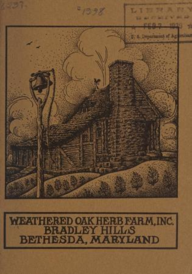 Alter Buchumschlag mit der Aufschrift "Weathered Oak Herb Farm, Inc." und einer Illustration eines verwitterten Oak-Herb-Farms in Bradley Hills, Bethesda, Maryland, umgeben von grünem Gras und fliegenden Vögeln.