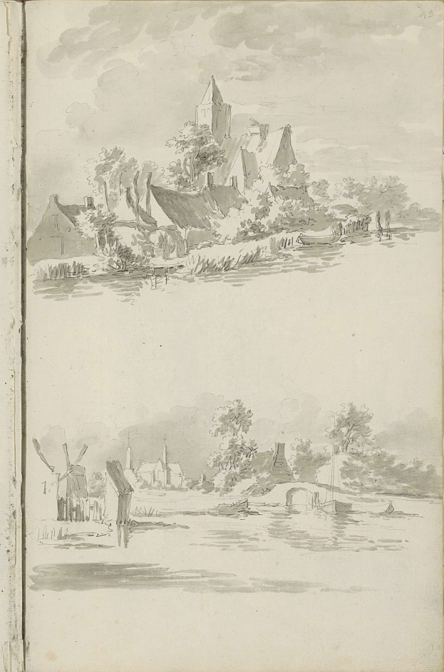 Offenes Buch mit einer detaillierten Landschaftszeichnung, die ein Schloss, Bäume, Häuser, einen Wasserlauf und bewölkte Himmel zeigt.