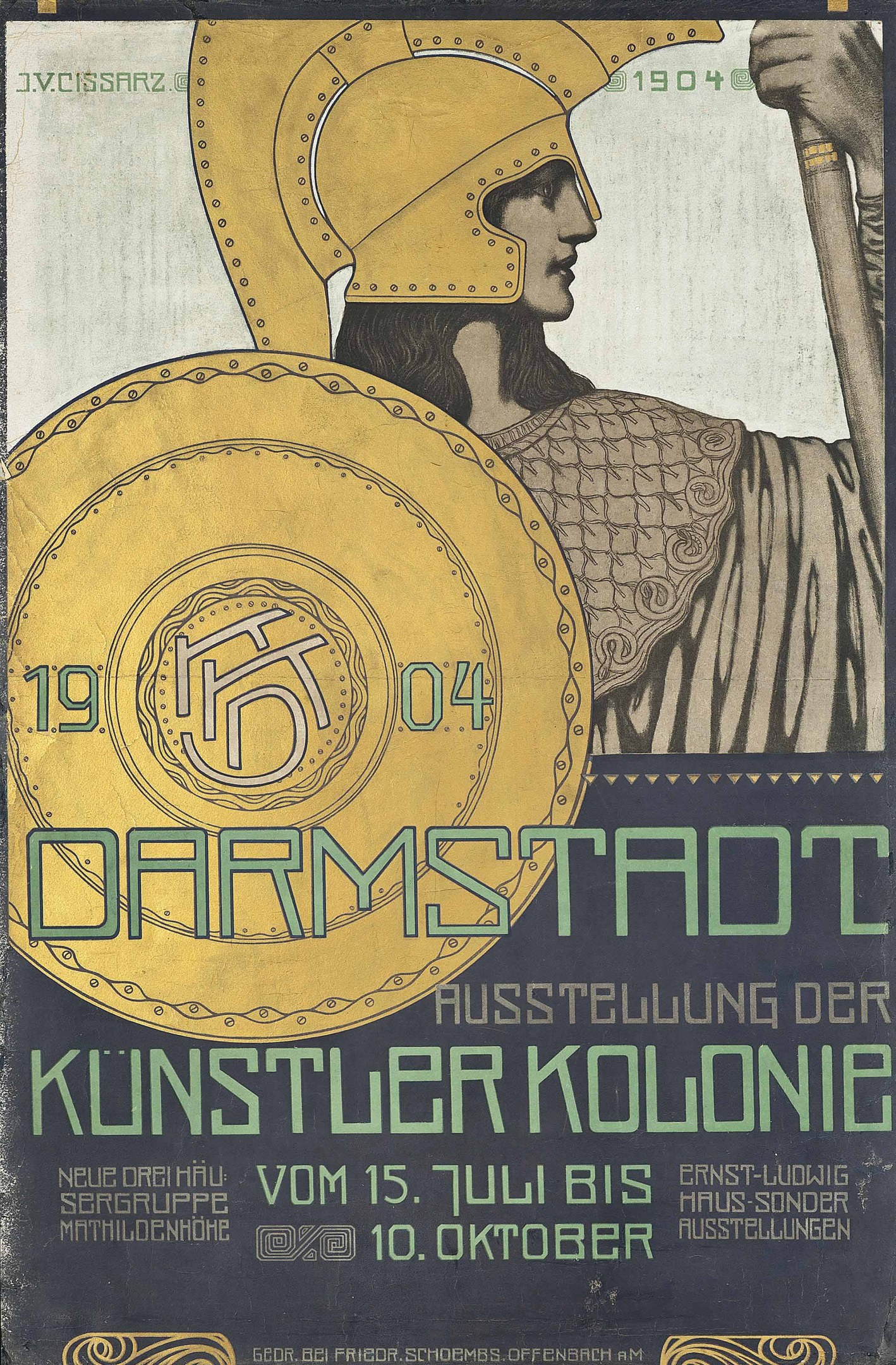 Plakat für ein 1904er Berlin-Konzert mit einem Helmträger, der ein Schild hält, mit fetter Schrift «Darmstadt» und «Kuenstler Kolonie»
