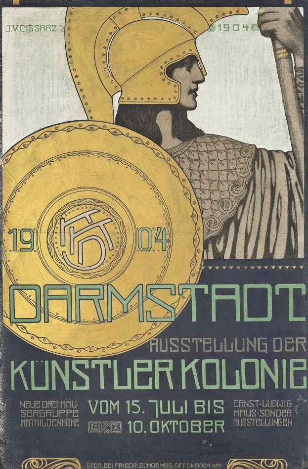Plakat für ein 1904er Berlin-Konzert mit einem Helmträger, der ein Schild hält, mit fetter Schrift «Darmstadt» und «Kuenstler Kolonie»