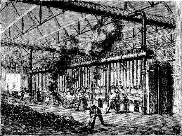 Schwarz-weiß-Illustration eines geschäftigen Stahlwerks aus den 1910er Jahren mit Arbeitern, Maschinen und strukturellen Elementen.
